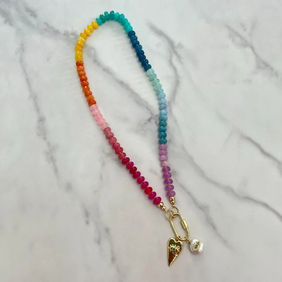 Rainbow Gemstone Silk Knotted Necklace Gold Filled Carabiner Clasp Charm… - Picture 2 of 10